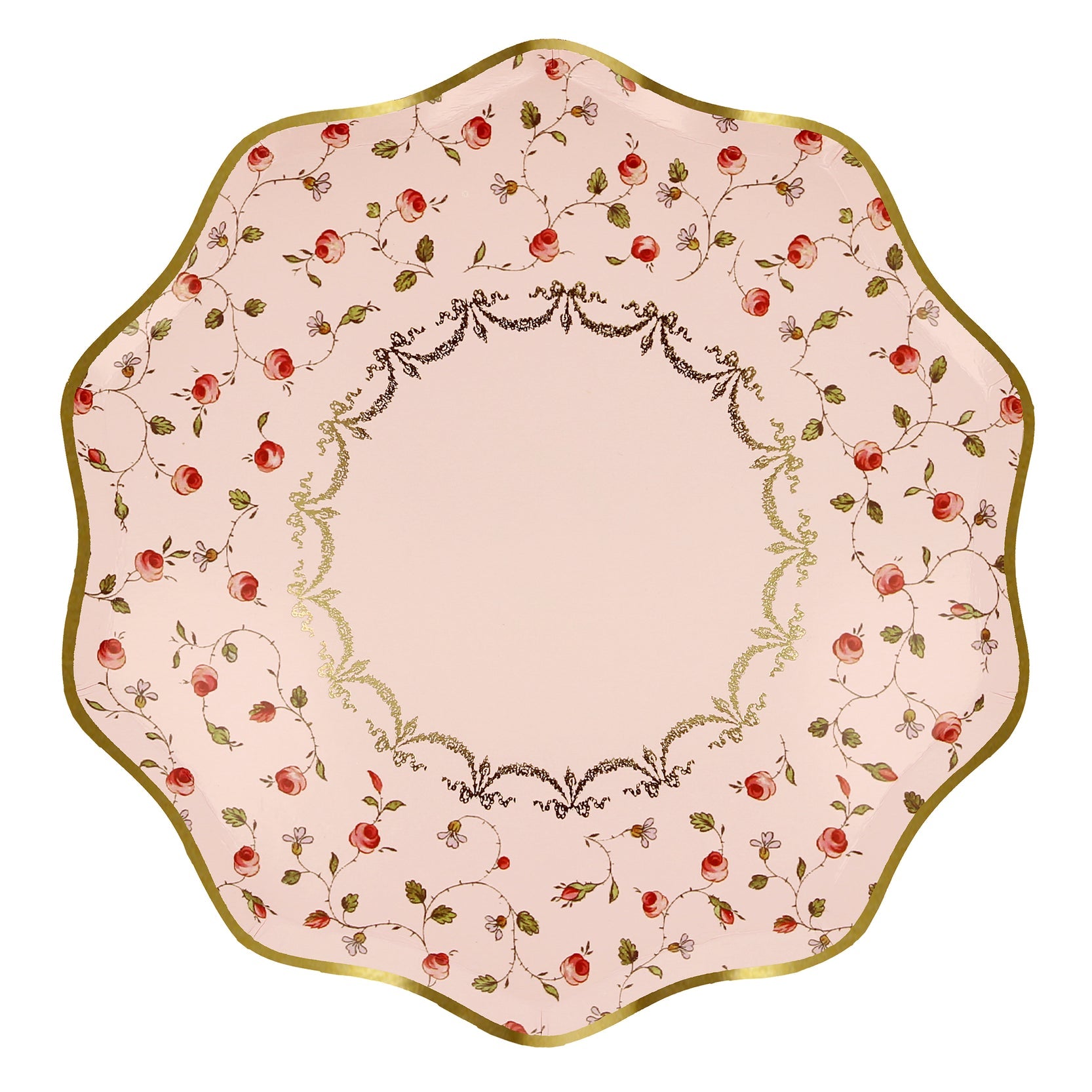 A Laduree Marie-Antoinette paper plate with red roses and gold trim, perfect for a Valentine&