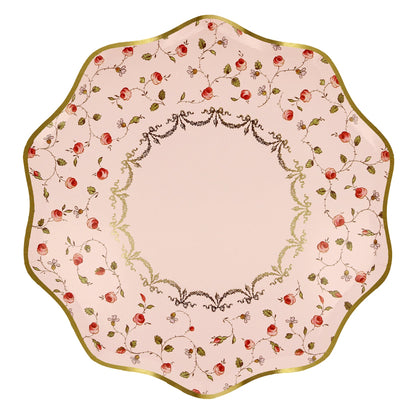 A Laduree Marie-Antoinette paper plate with red roses and gold trim, perfect for a Valentine&