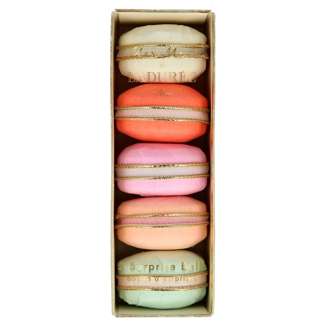 Four Ladurée Paris Macaron Surprise Balls in a box, created by Meri Meri, on a white background.
