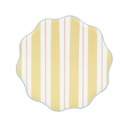 Meri Meri Preppy Stripe paper plates in 4 colorways of blue, red, yellow and mint. 