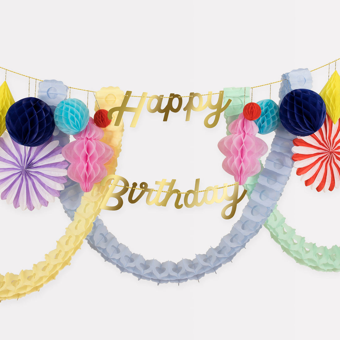 2 Garlands - one with the word Happy and the honeycomb pennants, and one with the word Birthday, both with gold cord and gold foil letters.  10 Honeycomb balls, ranging from 3 to 8 inches, in dark blue, mint, lilac, pale blue and coral red.