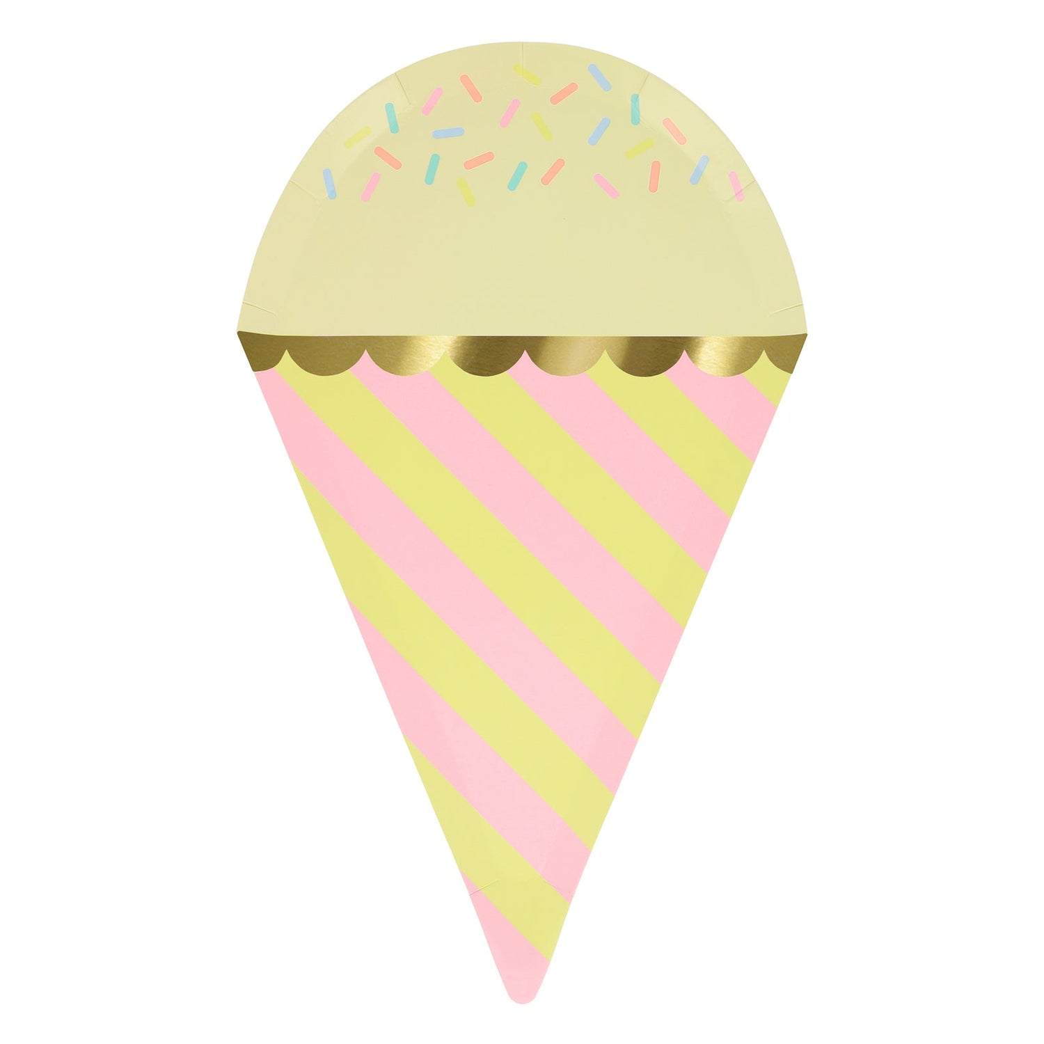 Meri Meri yellow and pink ice cream with sprinkles plate that has shiny gold foil details. 