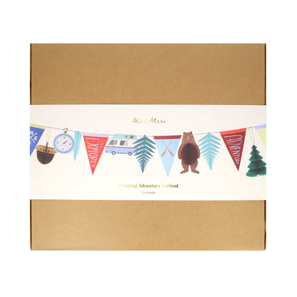 This paper garland  by Meri Meri features retro summer-camp pennants, paper ferns, camping iconography and an embellished ladybug. Honeycomb details on the mushroom and tree open 360 degrees. Honeycomb details on the acorn opens 180 degrees on the front and back, and on the bear&