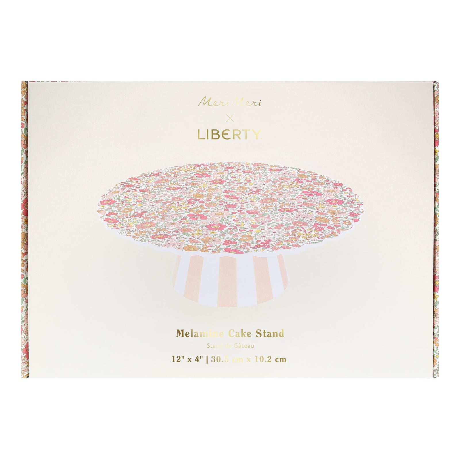 Box Meri Meri x Liberty Reusable Cake Stand comes in. 