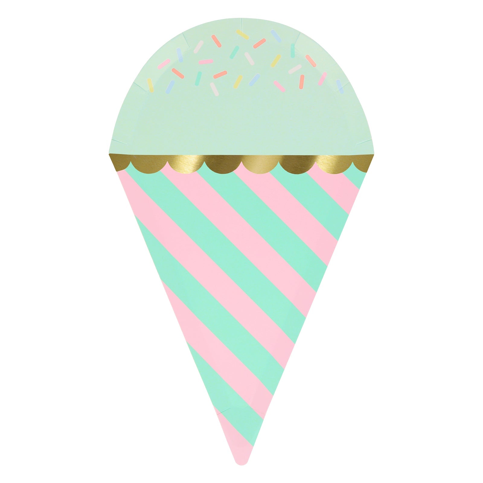 Meri Meri mint and pink ice cream with sprinkles plate that has shiny gold foil details. 