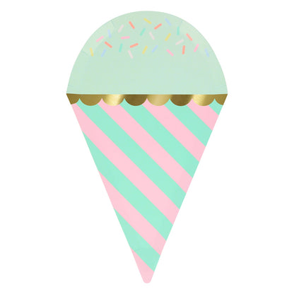 Meri Meri mint and pink ice cream with sprinkles plate that has shiny gold foil details. 