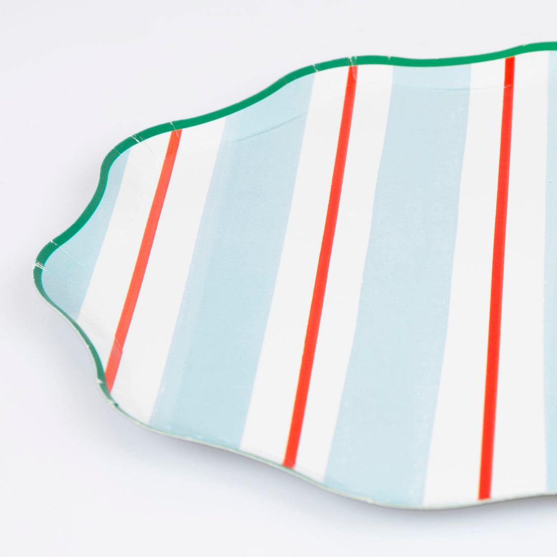 Meri Meri Preppy Stripe paper plates in 4 colorways of blue, red, yellow and mint. 