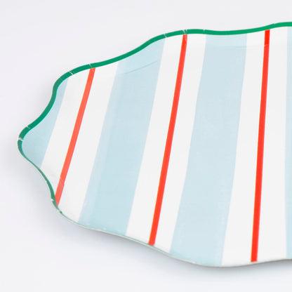 Meri Meri Preppy Stripe paper plates in 4 colorways of blue, red, yellow and mint. 
