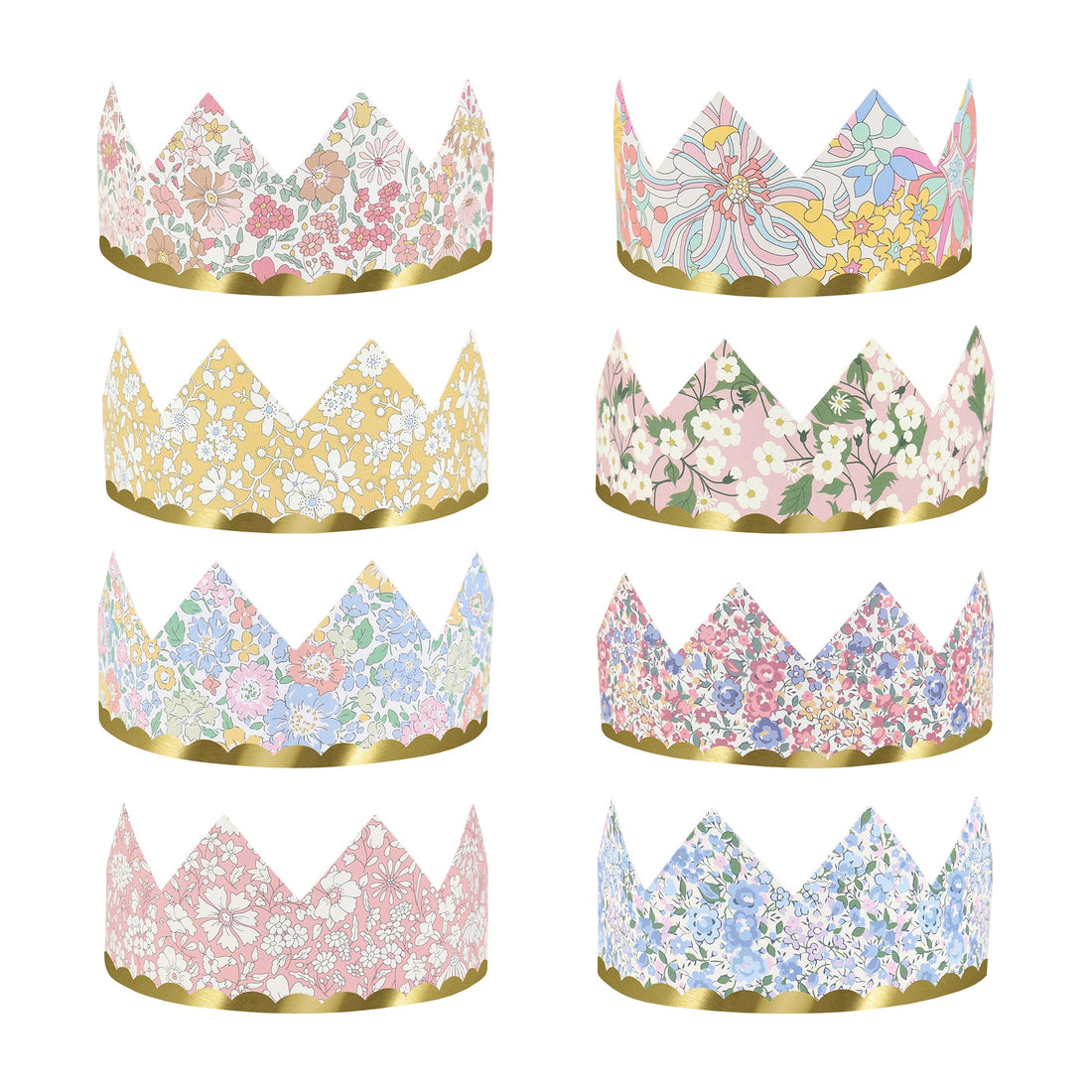 8 Paper party crowns, each with a different floral Liberty print design
The inside of each of the crowns has a pink and cream stripe design and shiny gold foil scalloped details.  Created by Meri Meri.