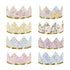 8 Paper party crowns, each with a different floral Liberty print design
The inside of each of the crowns has a pink and cream stripe design and shiny gold foil scalloped details.  Created by Meri Meri.