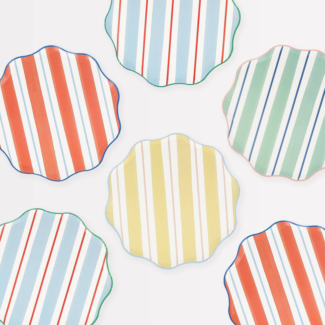 Meri Meri Preppy Stripe paper plates in 4 colorways of blue, red, yellow and mint. 