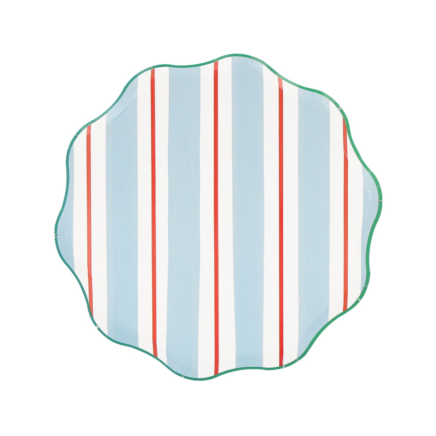 Meri Meri Preppy Stripe paper plates in 4 colorways of blue, red, yellow and mint. 