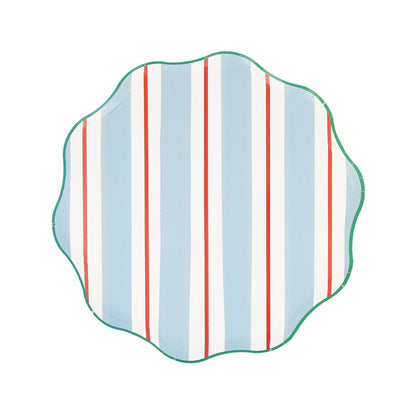 Meri Meri Preppy Stripe paper plates in 4 colorways of blue, red, yellow and mint. 