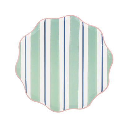 Meri Meri Preppy Stripe paper plates in 4 colorways of blue, red, yellow and mint. 