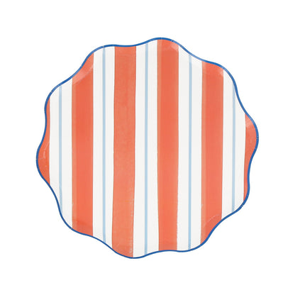 Meri Meri Preppy Stripe paper plates in colorways of blue, red, yellow and mint. 