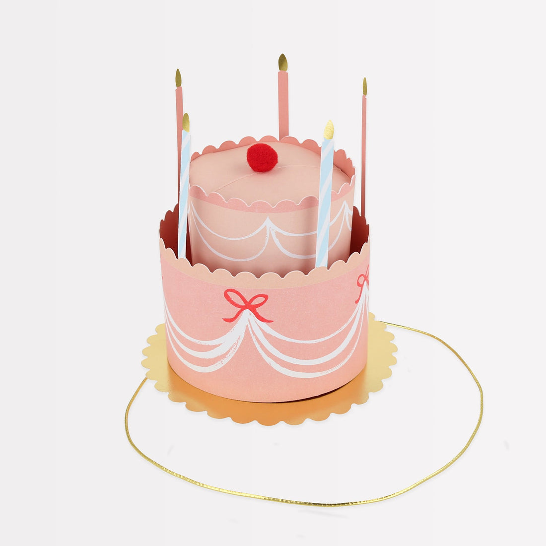 3D Paper hats in the shape of a cake with candles and red felt pom poms.