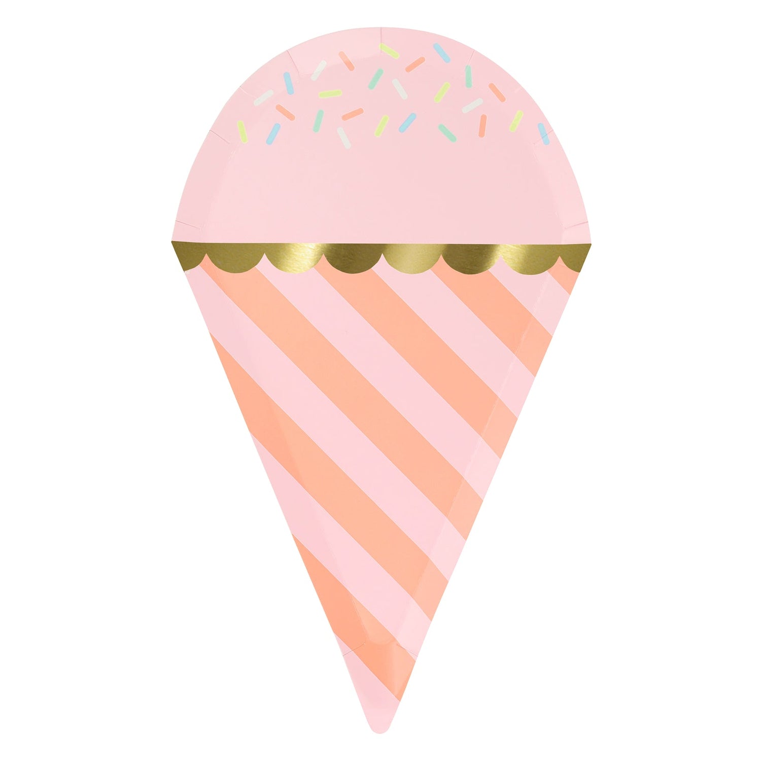 Meri Meri coral and pink ice cream with sprinkles plate that has shiny gold foil details. 