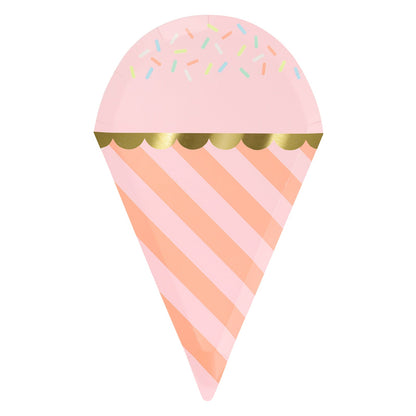 Meri Meri coral and pink ice cream with sprinkles plate that has shiny gold foil details. 