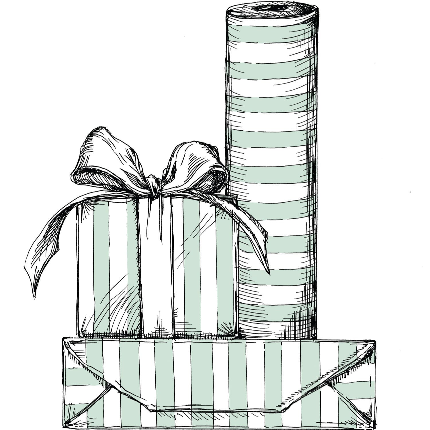 An illustrated drawing of the Hester & Cook Table Runner being used as wrapping paper on presents.
