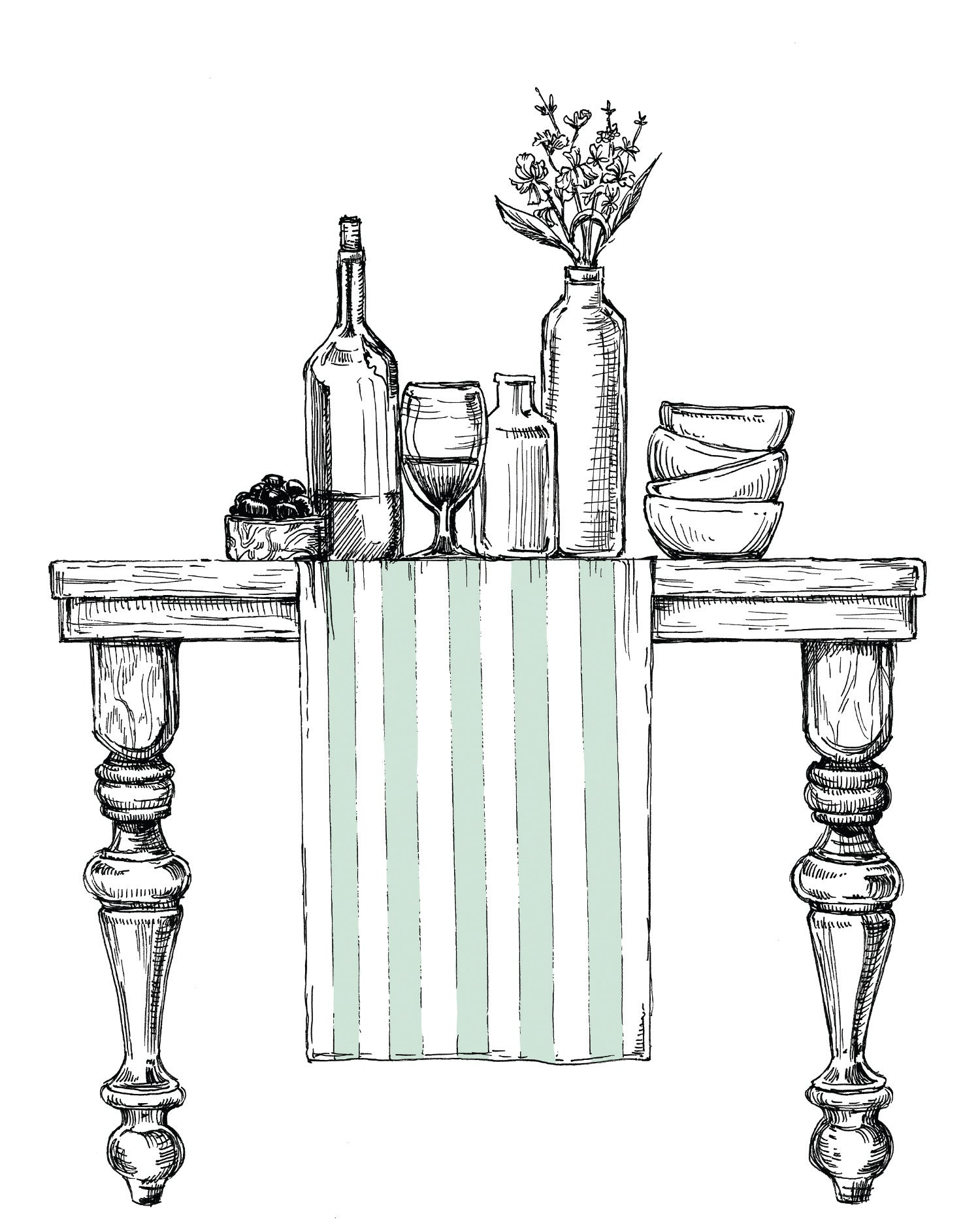 An illustrated drawing of the Hester & Cook Table Runner rolled down the center of a table.