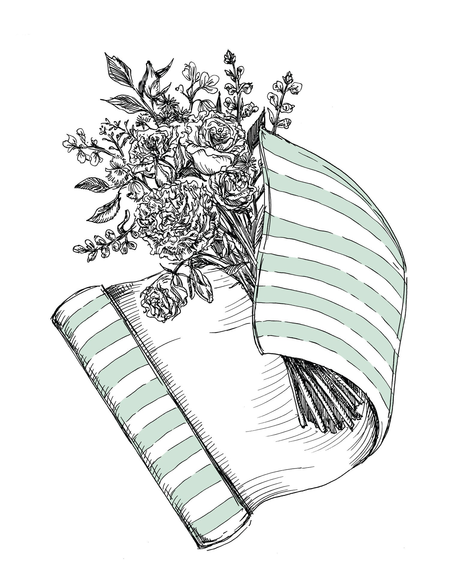 An illustrated drawing of the Hester & Cook Table Runner being wrapped around a bouquet of flowers.