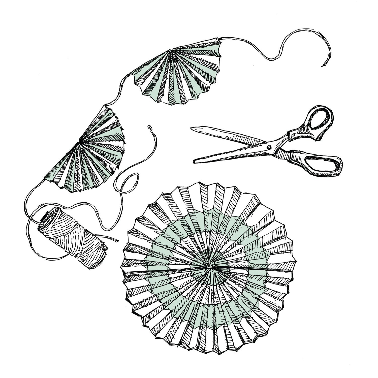 An illustrated drawing of the Hester & Cook Table Runner being used as bunting for decorating.