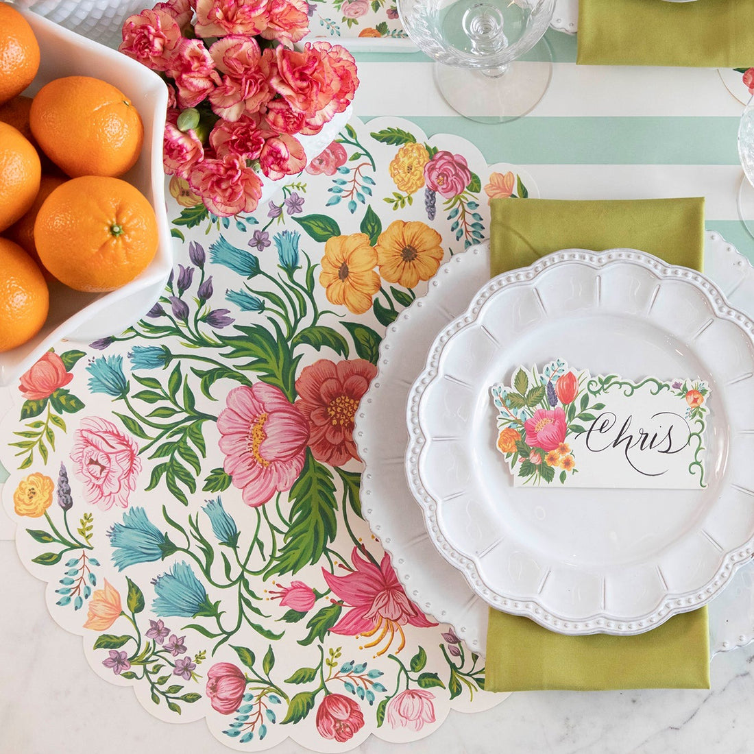 A colorful floral pattern on Hester &amp; Cook Die-cut Sweet Garden Posey Placemats.