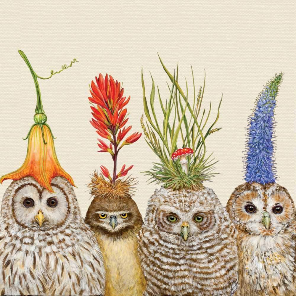Artwork of four illustrated owls with various plants growing on their heads, inspired by Vicki Sawyer, are featured on the Big Hat Night Beverage Napkins from Paper Products Design.