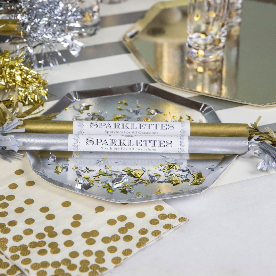 Two crossed Sparklettes 8&quot; party sparklers with gold and silver detailing from Tops Malibu.