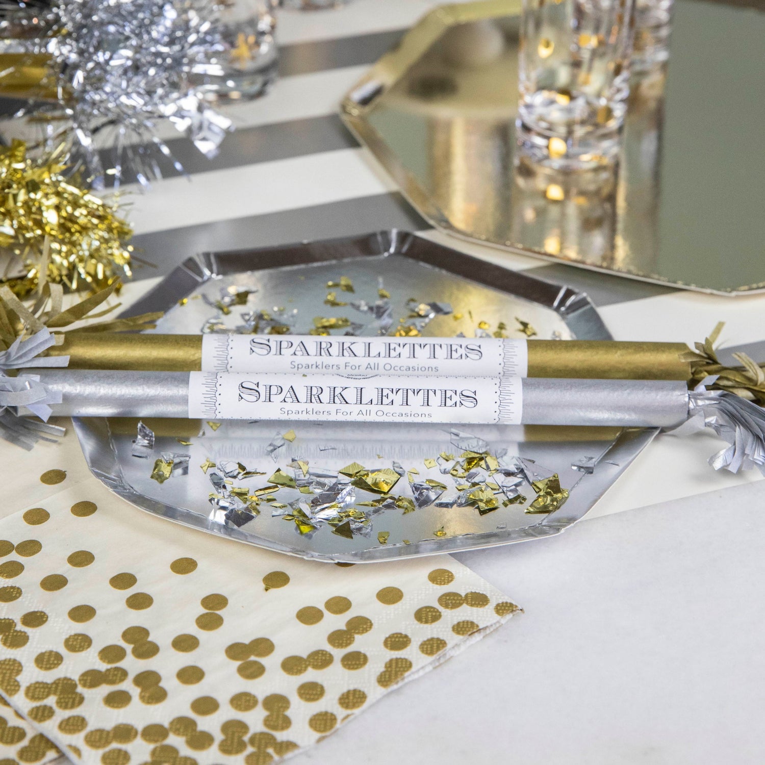 Two crossed Sparklettes 8&quot; party sparklers with gold and silver detailing from Tops Malibu.