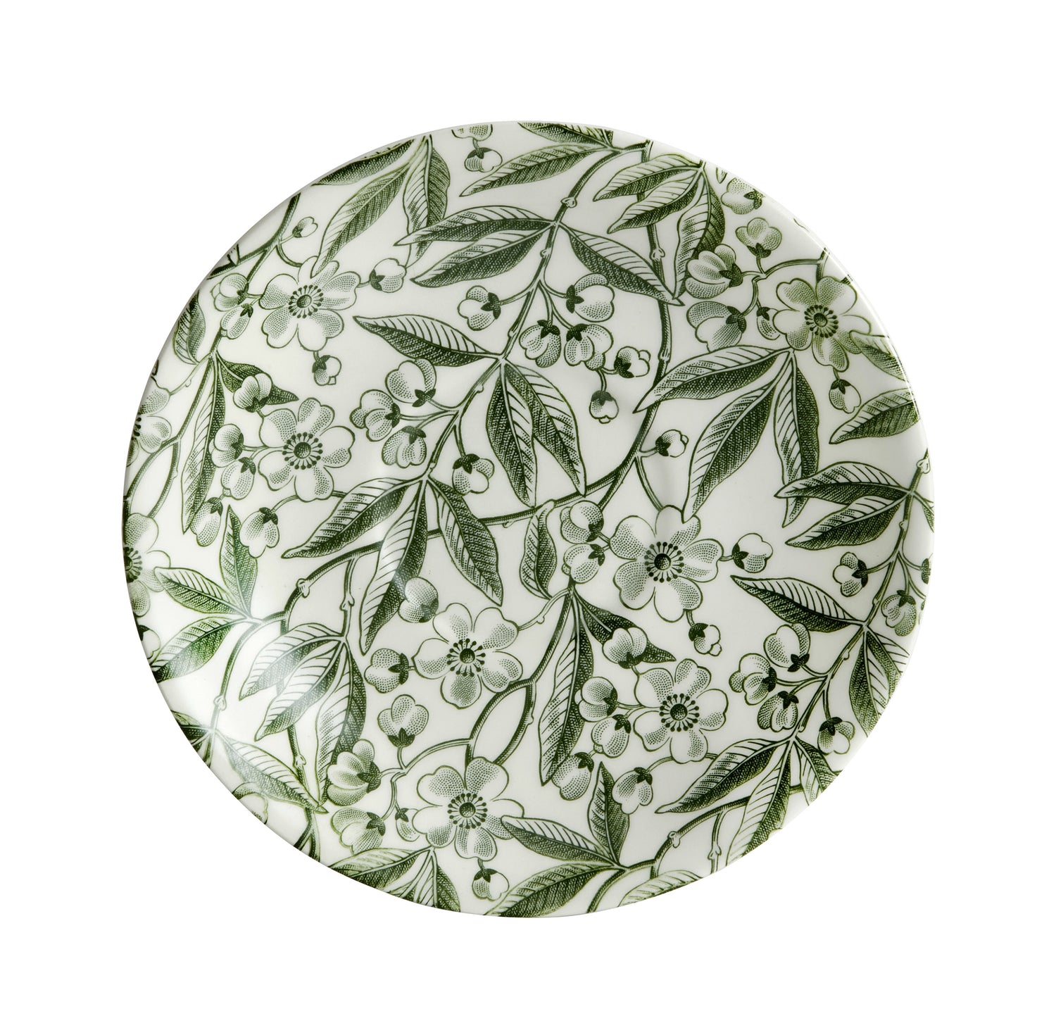 Elegant table setting with Burleigh Green Prunus Dinnerware plates and green striped tablecloth.