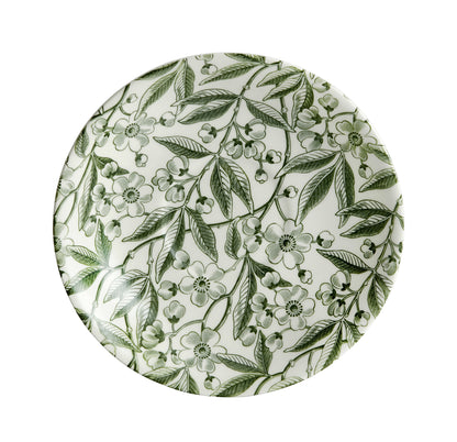 Elegant table setting with Burleigh Green Prunus Dinnerware plates and green striped tablecloth.