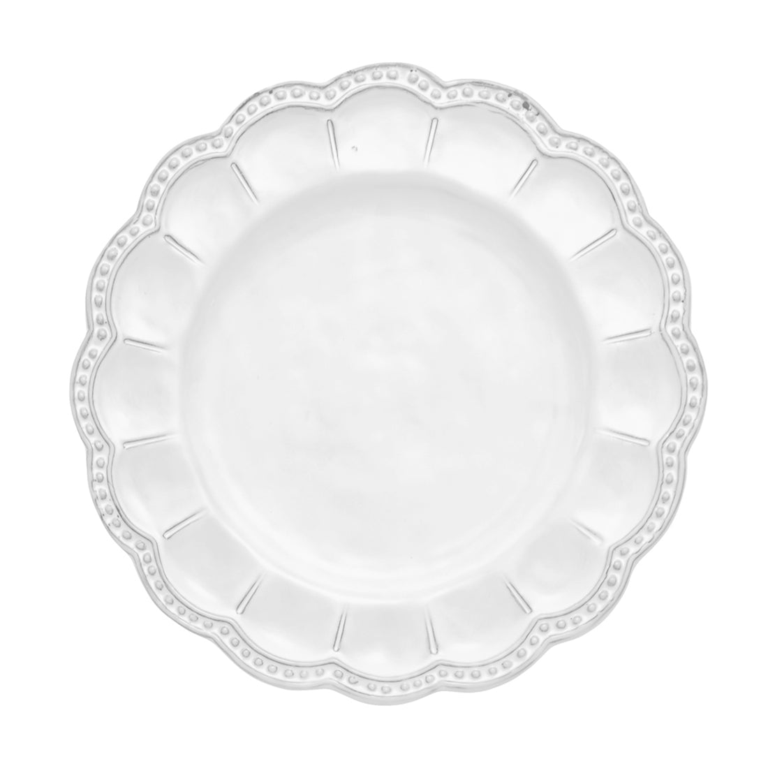 An empty white Arte Italica Bella Bianca Beaded Salad Plate viewed from above.