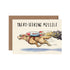 A funny illustration of a golden retriever flying by wearing a rocket strapped to its back and goggles, under the caption "Treat-Seeking Missile".