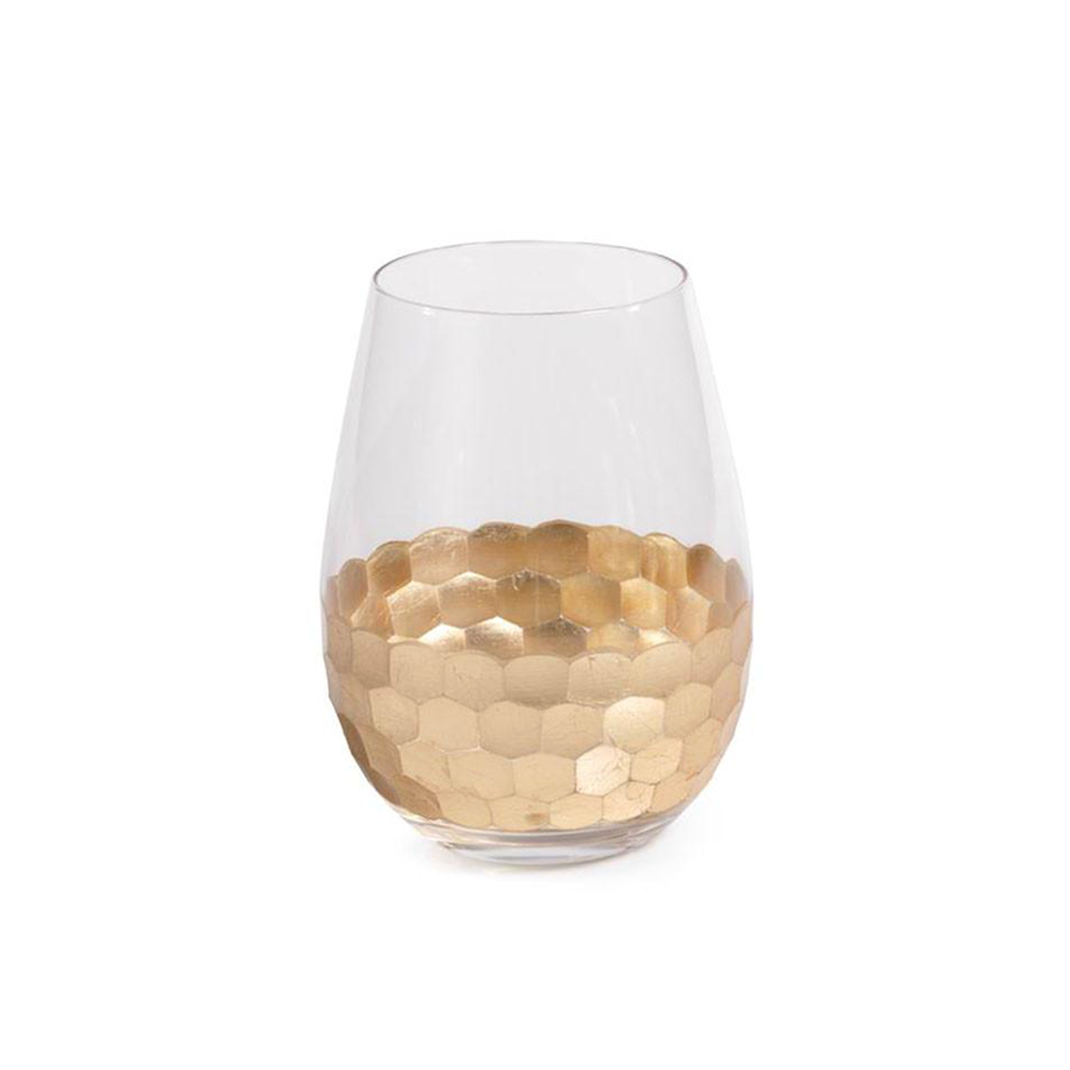 A table setting with Vitorrio Stemless Glassware plates, and napkins.