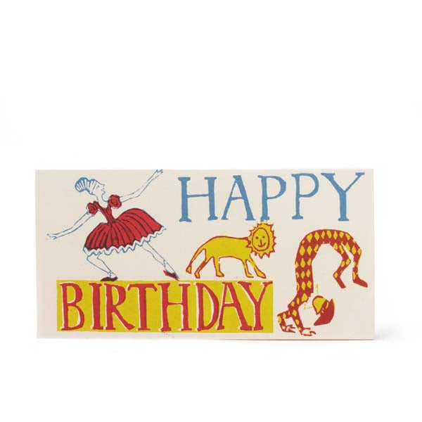 A colorful Happy Birthday Ballerina card with an image of a lion and a clown by Cambridge Imprint.