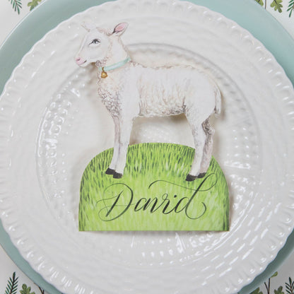 A plate with a Little Lamb place card on it, inspired by the Easter Garden Story, designed by Hester &amp; Cook.