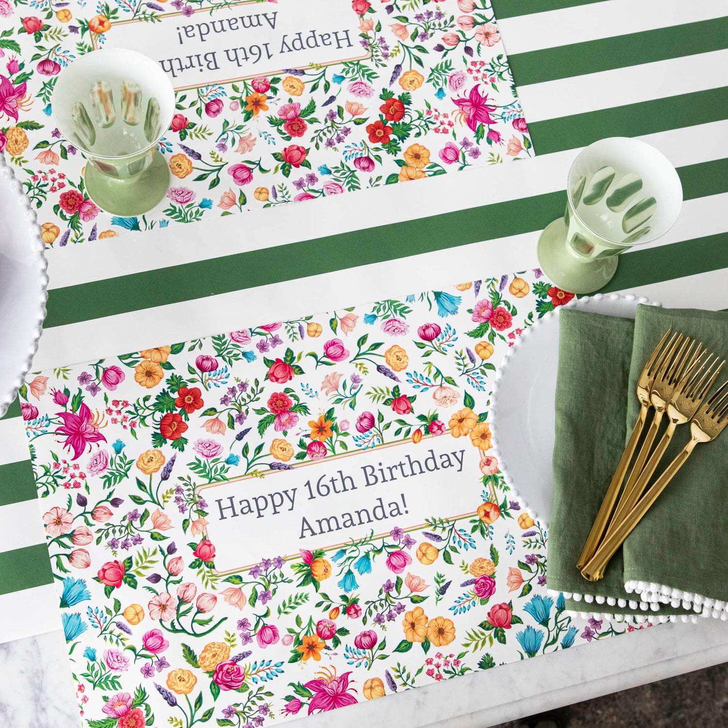 The Sweet garden Personalized Placemat in an elegant table setting, with &quot;Happy 16th Birthday Amanda!&quot; printed in the center.