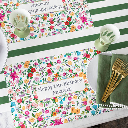 The Sweet garden Personalized Placemat in an elegant table setting, with &quot;Happy 16th Birthday Amanda!&quot; printed in the center.