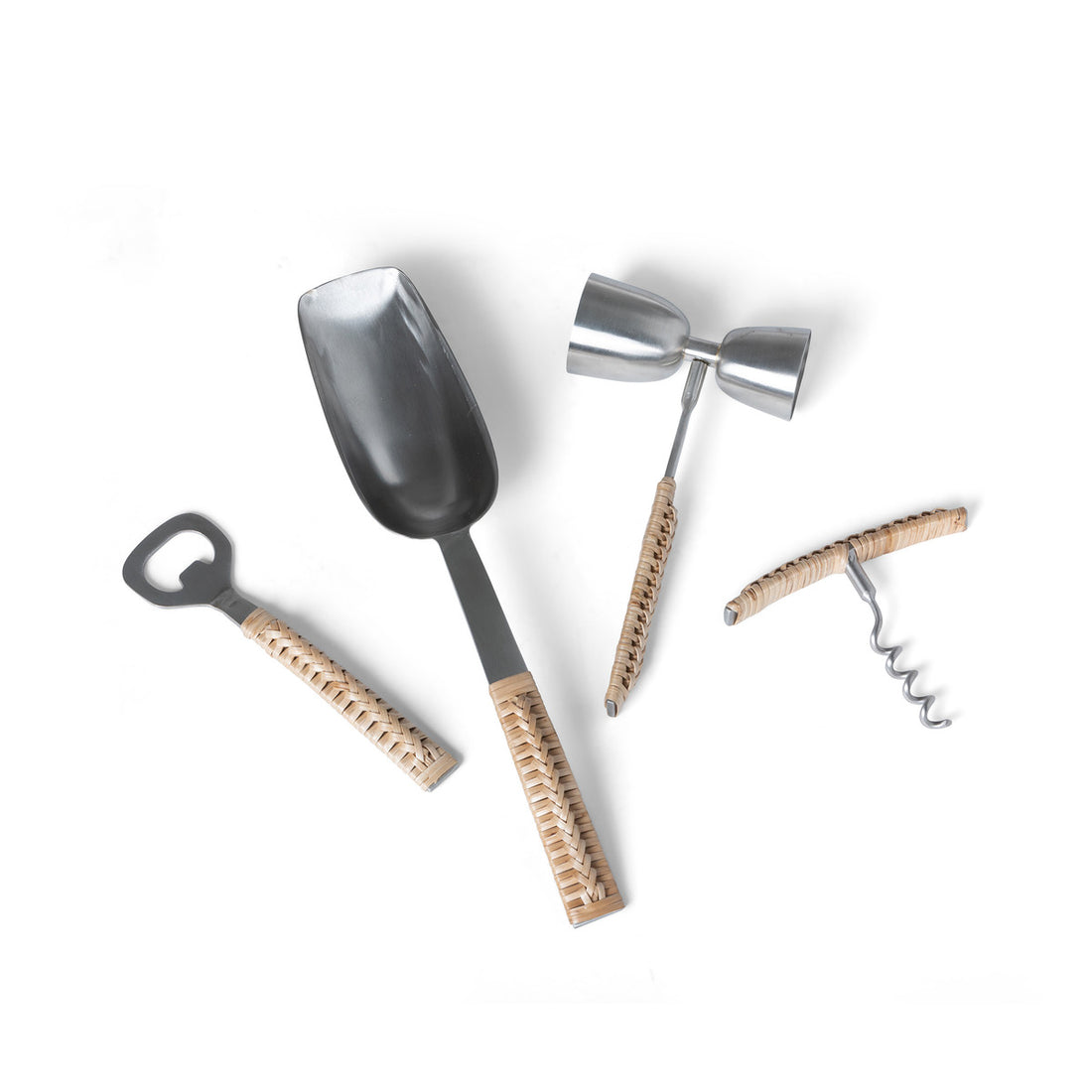 A group of Park Hill Woven Bamboo Handle Bar Tools Set of 4 including a corkscrew on a white background.