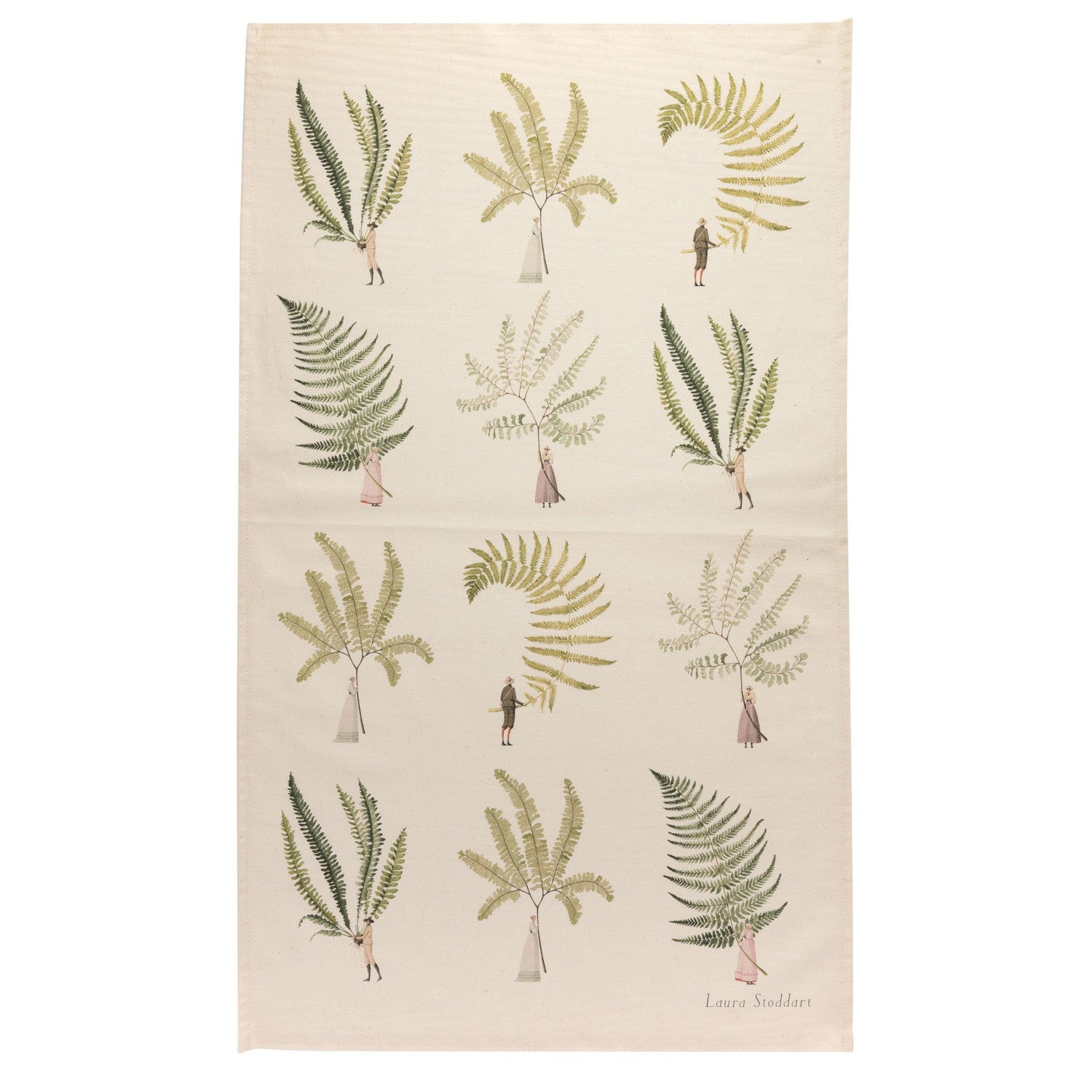 A natural linen tea towel featuring 12 illustrations of small people holding gigantic fern fronds by the stems. 