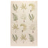 A natural linen tea towel featuring 12 illustrations of small people holding gigantic fern fronds by the stems. 