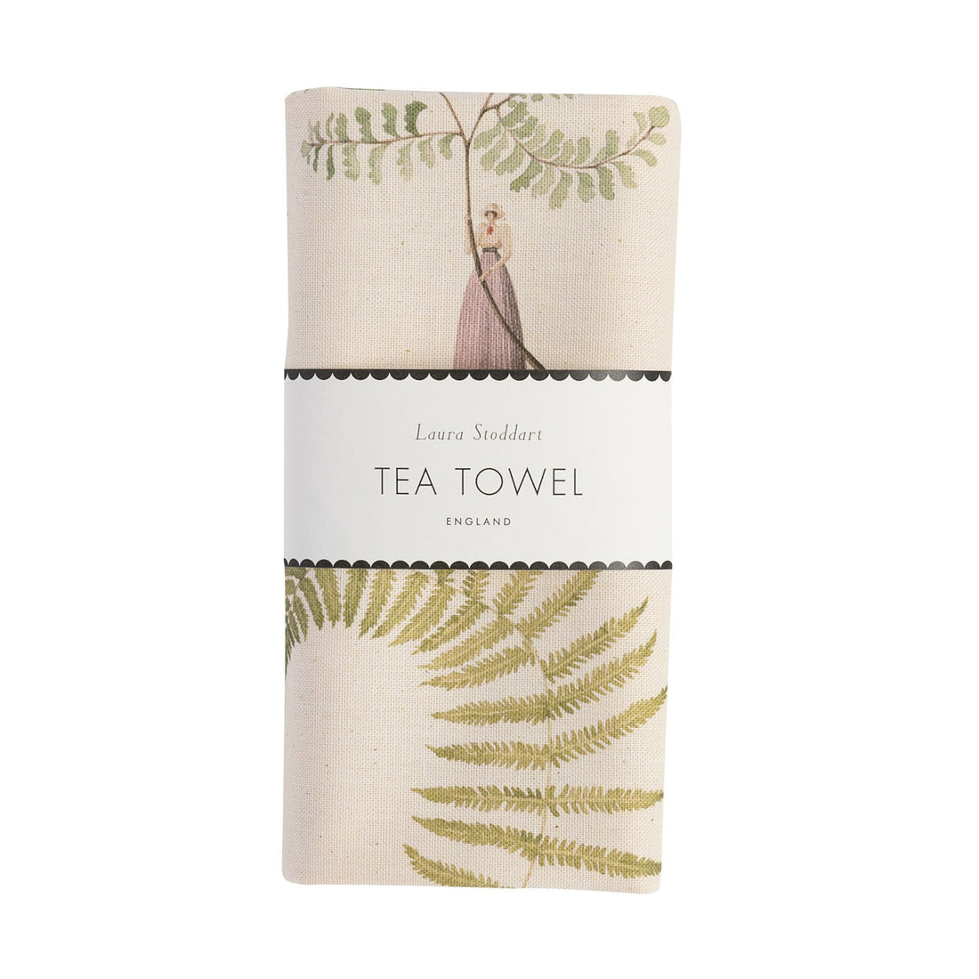 The Laura Stoddart Tea Towel in retail packaging - folded neatly with a white paper belly band. 
