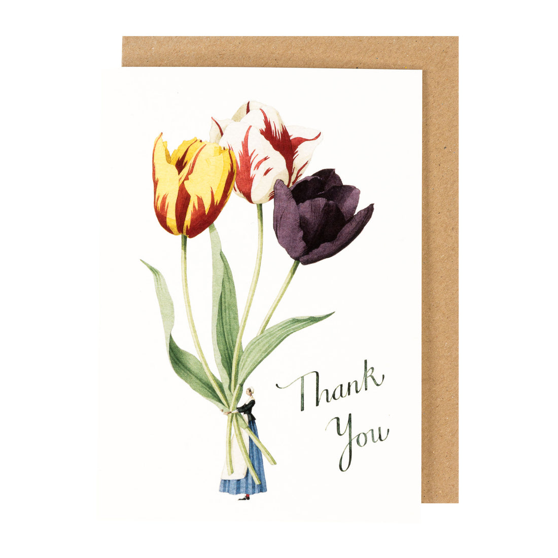 A white greeting card featuring a stylized illustration of a woman in traditional dress holding three gigantic tulips by the stems, with &quot;Thank You&quot; written in lovely script. The included kraft paper envelope is tucked behind the card.