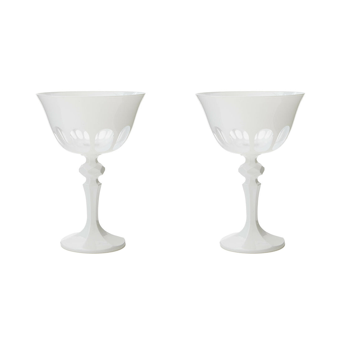 Three Rialto Chalk (White) Glasses by SIR/MADAM on a Venice-styled white brick wall.