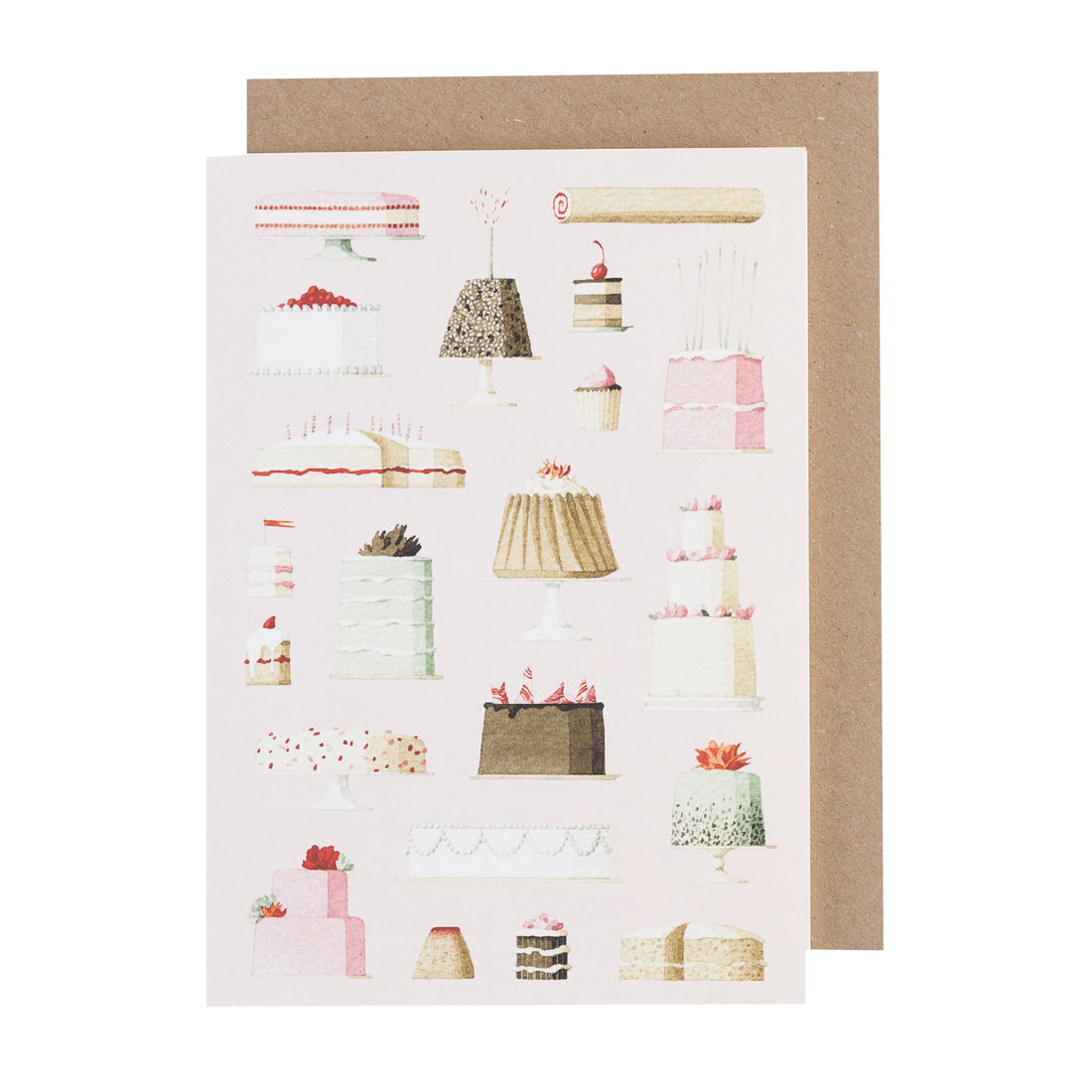 A pink Cakes Greeting Card with a variety of cakes on it, made from environmentally sustainable paper by Hester &amp; Cook.