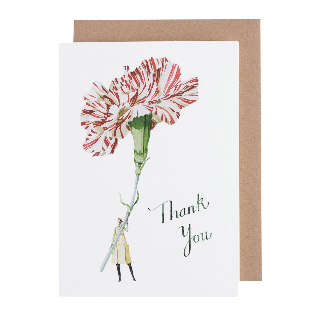 A white greeting card featuring a watercolor illustration of a small woman holding a gigantic red and white carnation by the stem, with &quot;Thank You&quot; written in beautiful script. The included kraft paper envelope is tucked behind the card. 