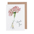 A white greeting card featuring a watercolor illustration of a small woman holding a gigantic red and white carnation by the stem, with "Thank You" written in beautiful script. The included kraft paper envelope is tucked behind the card. 