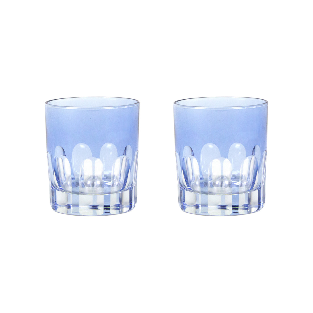 A set of four Rialto Thistle (Light Blue) Glasses by SIR/MADAM on a reflective surface.