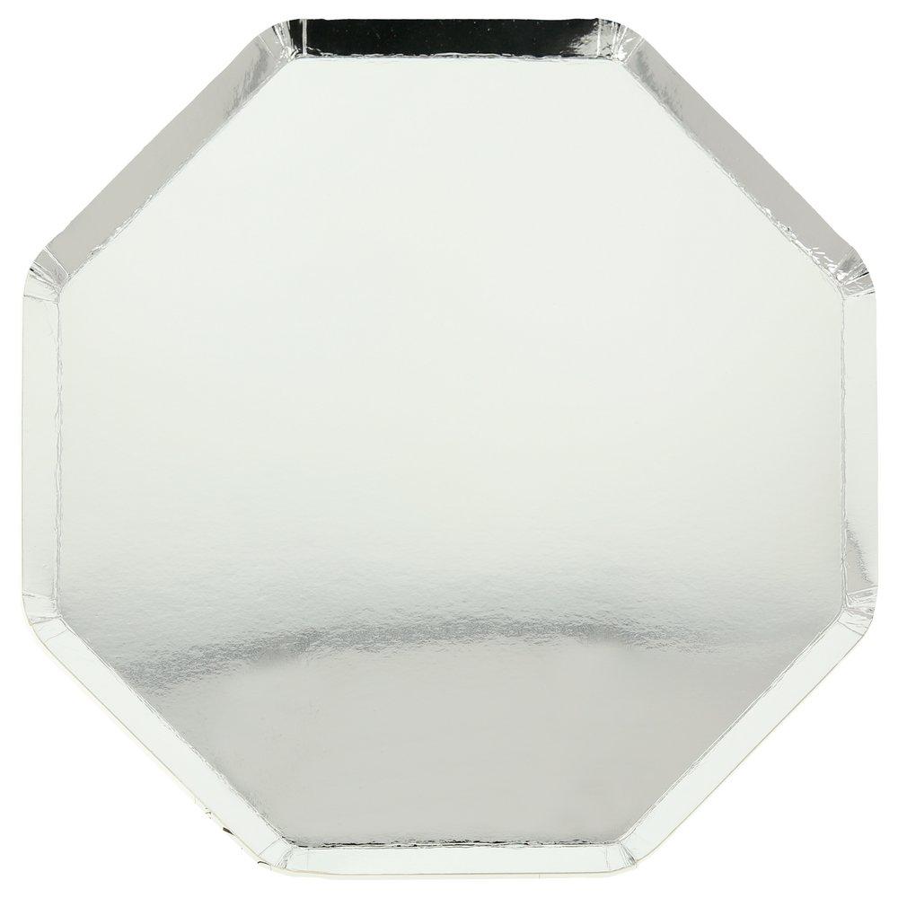 Octagonal shaped Meri Meri silver cocktail plates on a white background with a gloss finish.